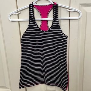 Ivivva Black and White Striped Racerback Tank Top with Hot Pink Back
